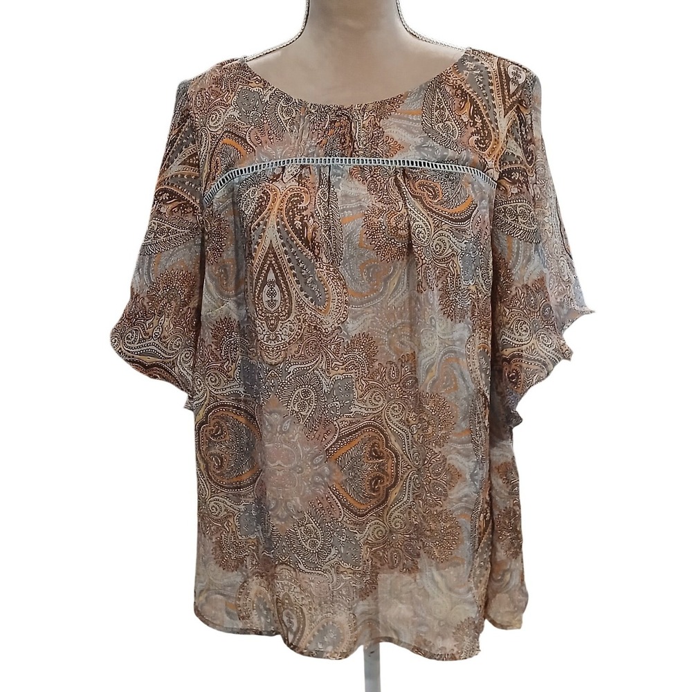 Sonoma Womens 1X Paisley Blouse Orange Brown Short Sleeve Top Lightweight Boho